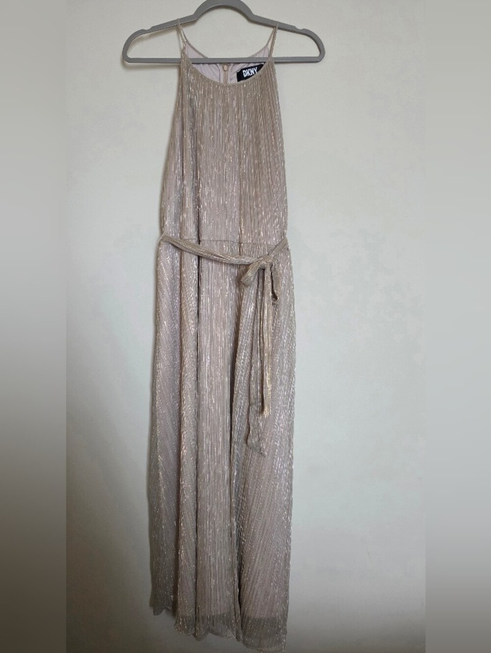 DKNY Metallic Beige Halter Evening Dress